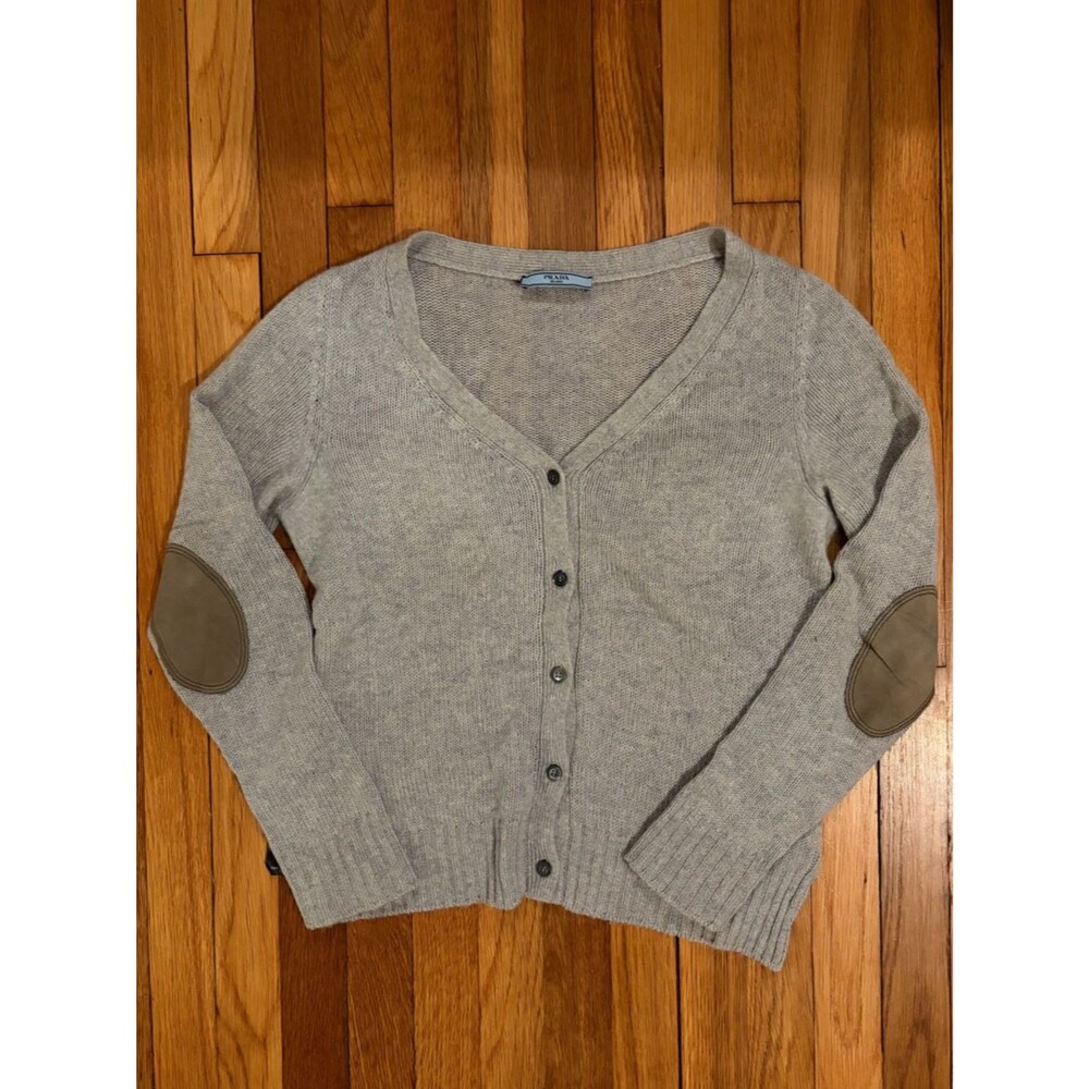 Prada Milano 100% Cashmere Cardigan Elbow Patches Gray IT44 Italy Size M
